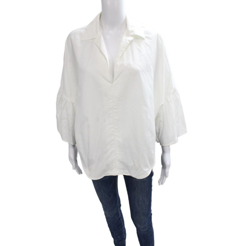 Tome Womens Tunic Blouse Cotton Collared 3/4 Sleeve White Classic Size S